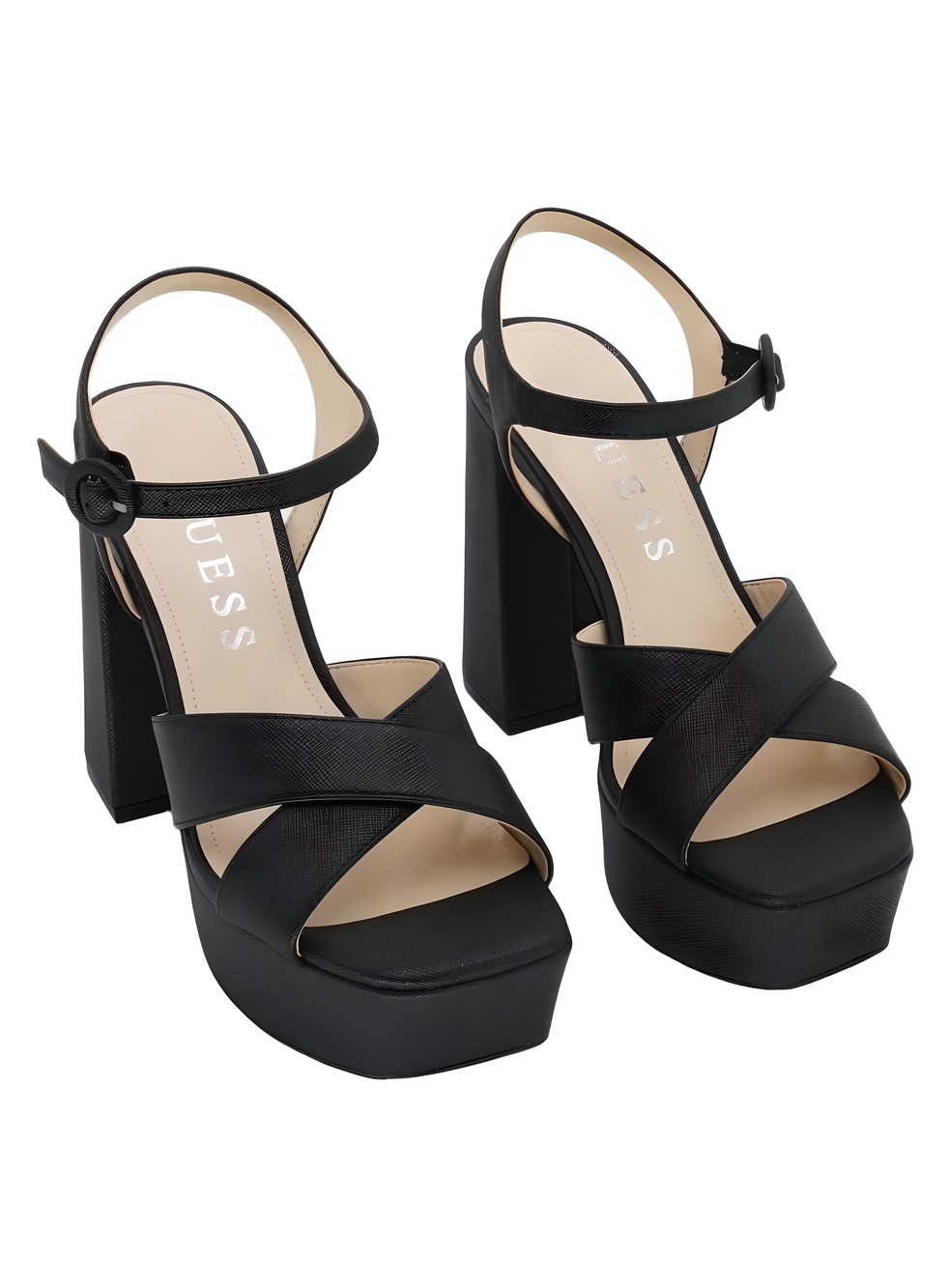 GUESS Vallenn Black Saffiano 4.5" Platform Block Heel Sandals Size 9